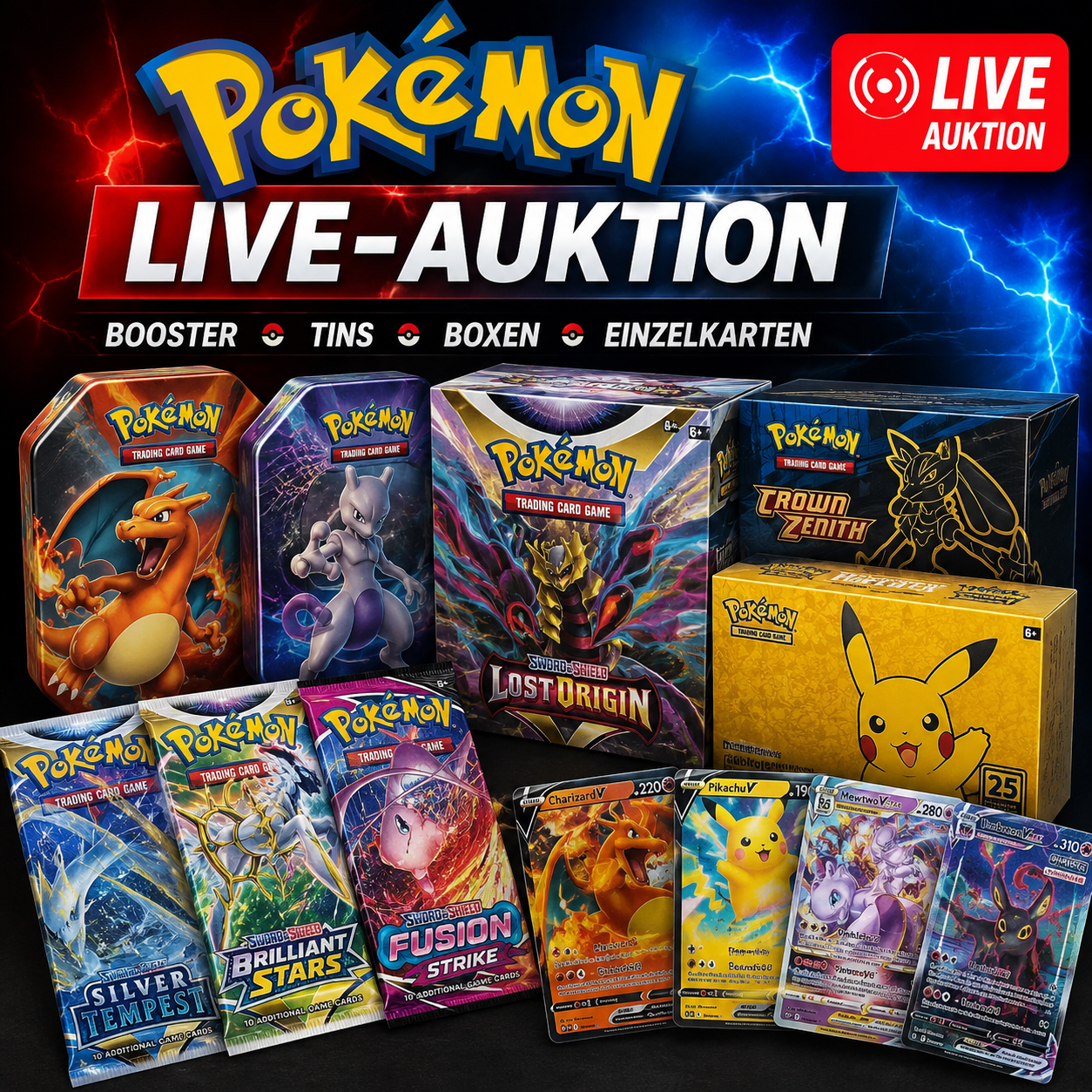 Pokémon Sammelkarten Live-Auktion – Originale Booster, Boxen und Einzelkarten
